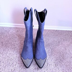 Karl Lagerfeld Blue Denim Heeled Western Style Boots with Rhinestone Tips